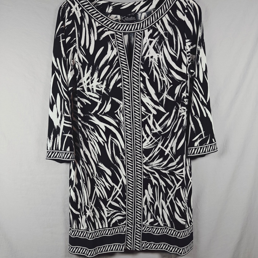 K Studio Collection Women Black White Abstract Print Split Neck Shift Dress 10